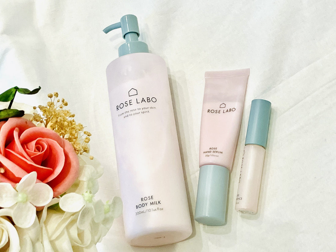 ローズラボのローズボディミルク、ローズリップ美容液、ローズハンド美容液の画像